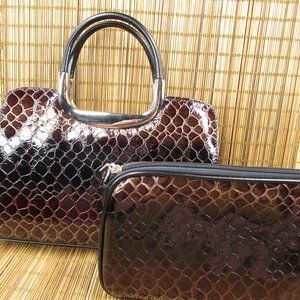 Faux Alligator Handbag And Clutch